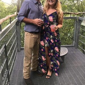 Blue flower maxi dress with built in shorts romper